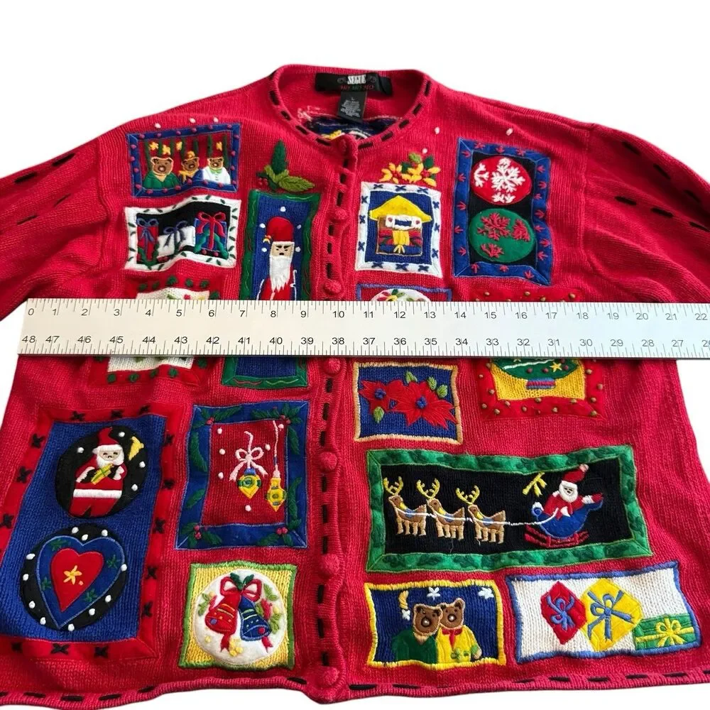 Segue Ho Ho Ho Christmas Sweater Cardigan Size L Red Womens  Button Santa Sleigh
